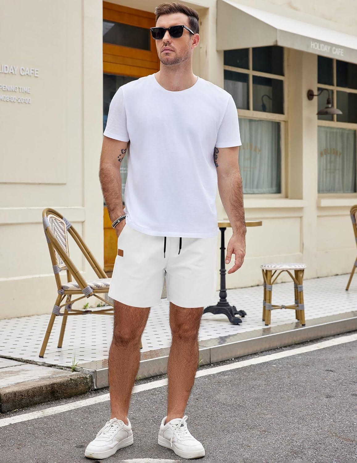 imageCOOFANDY Mens Casual Cotton Shorts Summer Beach 5 Inch Shorts Lightweight Drawstring Elastic Waist Chino Golf ShortsWhite