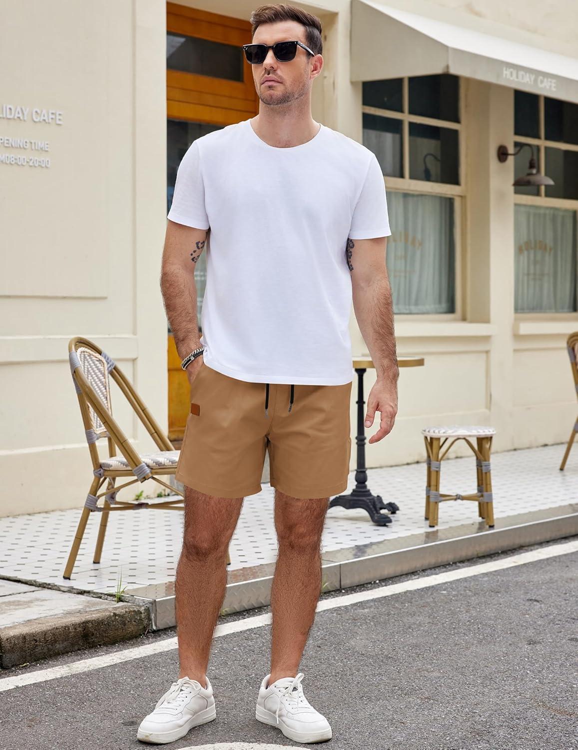 imageCOOFANDY Mens Casual Cotton Shorts Summer Beach 5 Inch Shorts Lightweight Drawstring Elastic Waist Chino Golf ShortsYellow