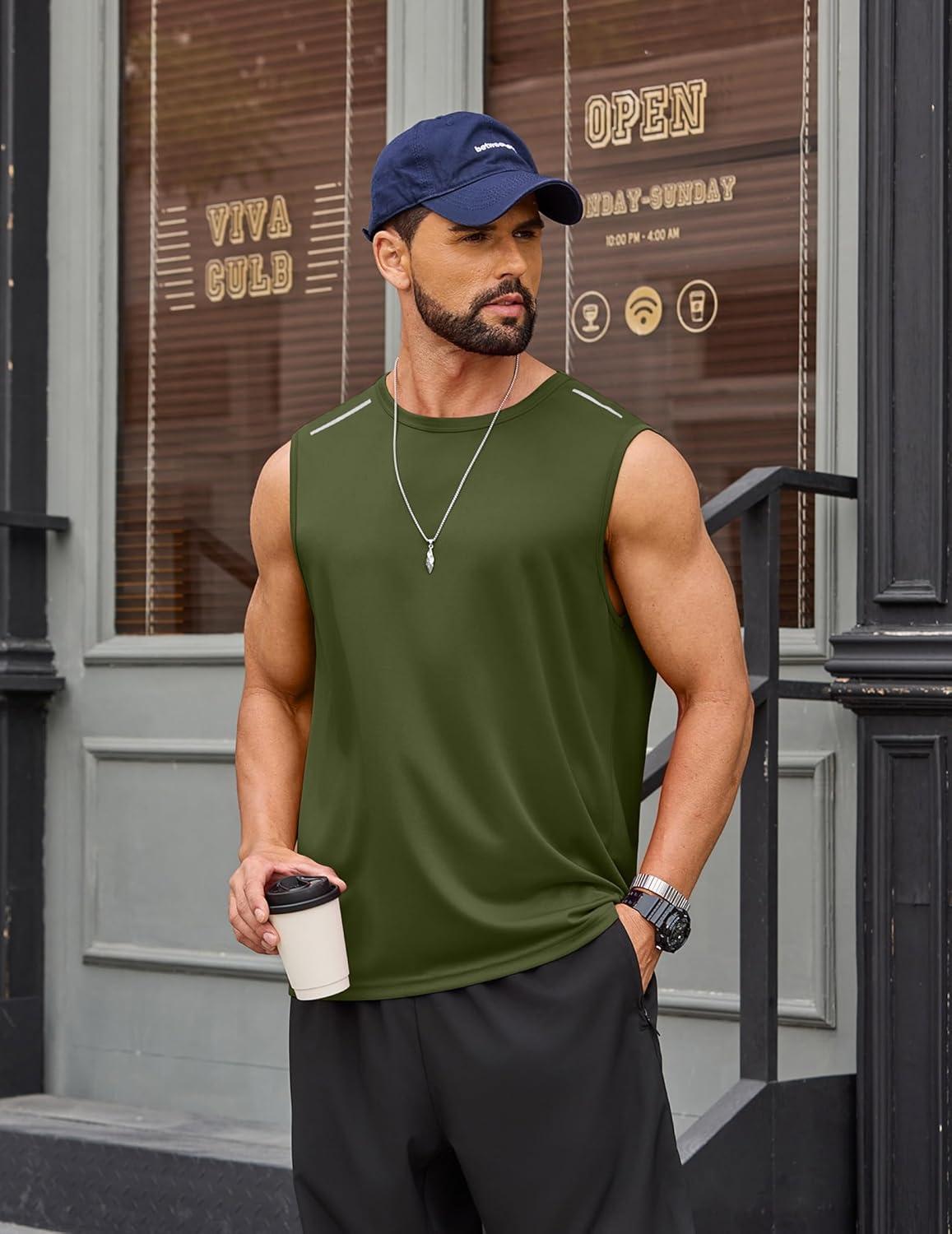 imageCOOFANDY Mens Sleeveless Shirt Quick Dry Workout Tank Top Gym Muscle T Shirts Sport Athletic Tanks Moisture WickingArmy Green