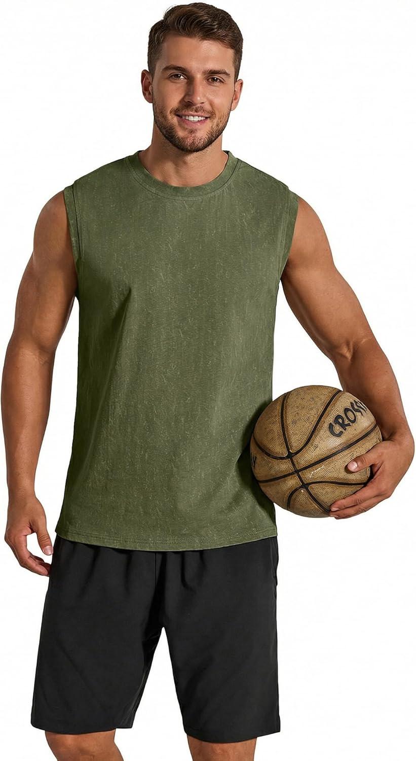 imageCOOFANDY Mens Sleeveless Shirts Cotton Workout Tank Tops Casual Muscle Washed T Shirt Summer Beach Tee Loose FitArmy Green