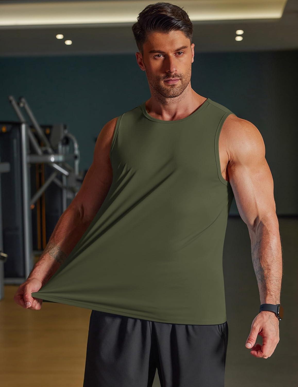 imageCOOFANDY Mens Workout Tank Tops Quick Dry UPF 50 Muscle Sleeveless Shirts Gym Athletic Running Summer Beach Swim ShirtArmy Green