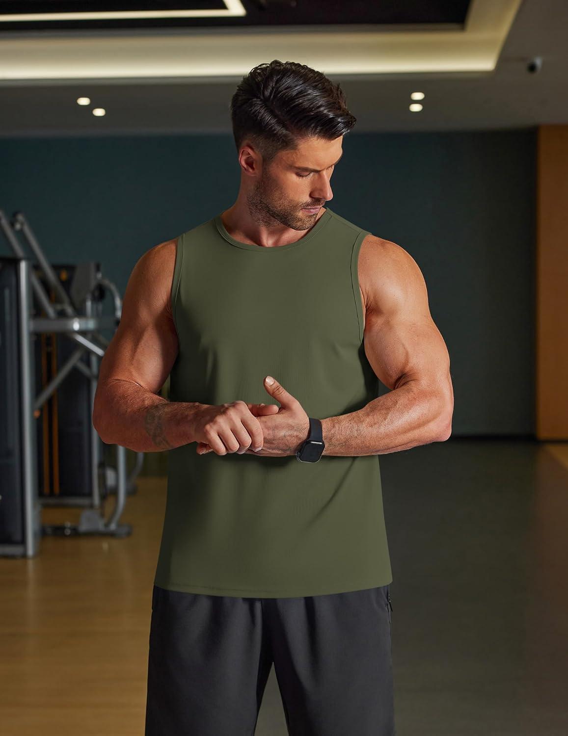 imageCOOFANDY Mens Workout Tank Tops Quick Dry UPF 50 Muscle Sleeveless Shirts Gym Athletic Running Summer Beach Swim ShirtArmy Green