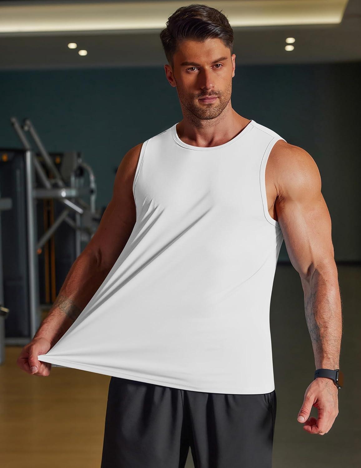 imageCOOFANDY Mens Workout Tank Tops Quick Dry UPF 50 Muscle Sleeveless Shirts Gym Athletic Running Summer Beach Swim ShirtWhite