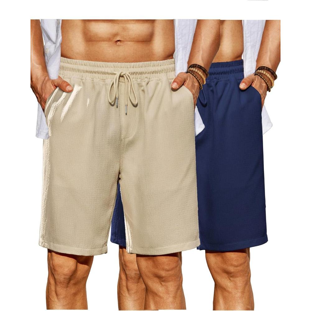 imageCOOFANDY Mens Beach Shorts 9 Elastic Waist Drawstring Shorts Lightweight Regular Fit Casual Summer ShortsNavy BlueLight Khaki