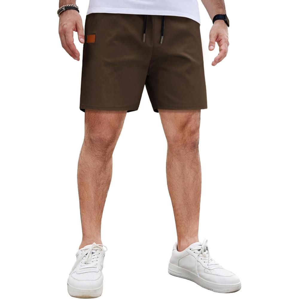 imageCOOFANDY Mens Casual Cotton Shorts Summer Beach 5 Inch Shorts Lightweight Drawstring Elastic Waist Chino Golf ShortsBrown