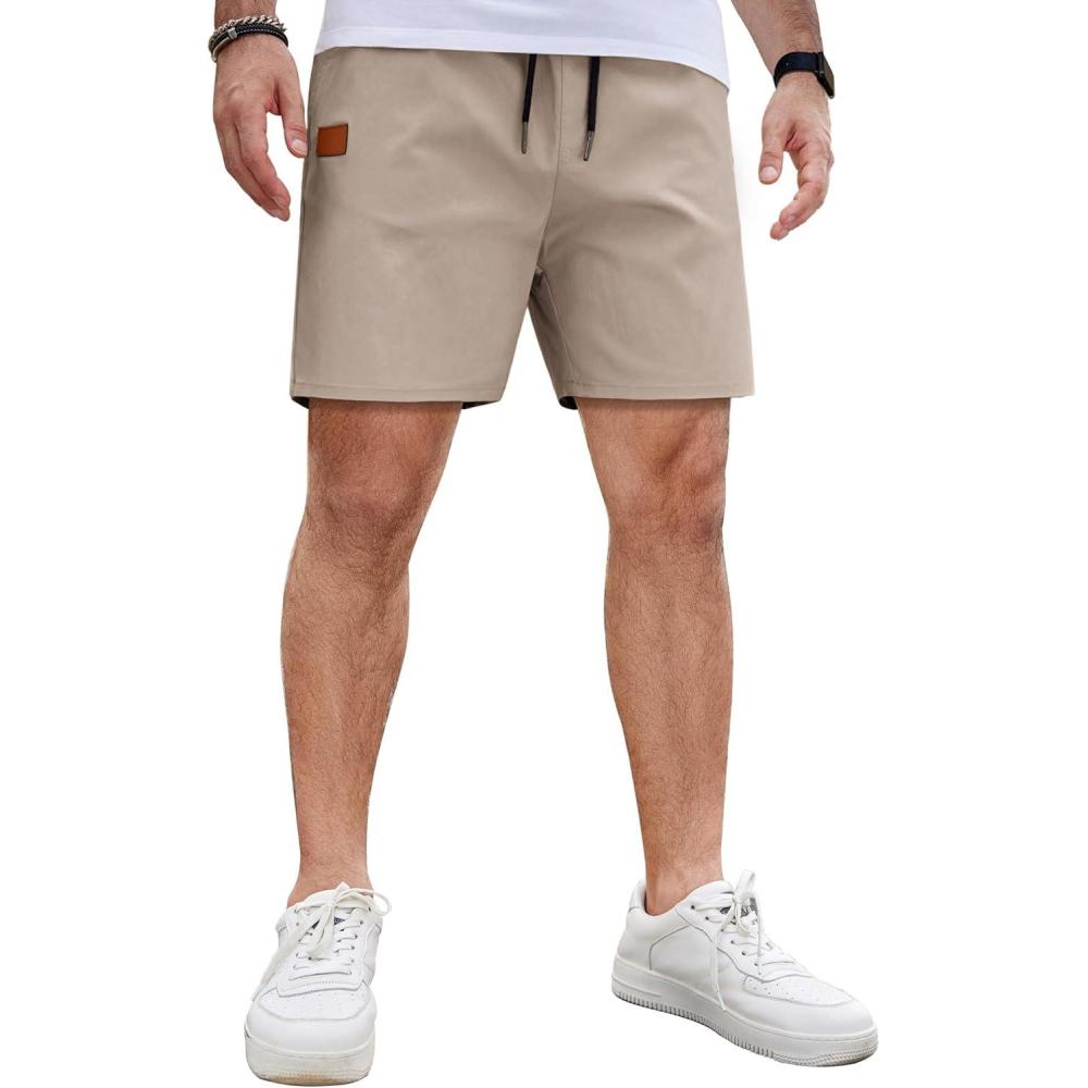 imageCOOFANDY Mens Casual Cotton Shorts Summer Beach 5 Inch Shorts Lightweight Drawstring Elastic Waist Chino Golf ShortsKhaki