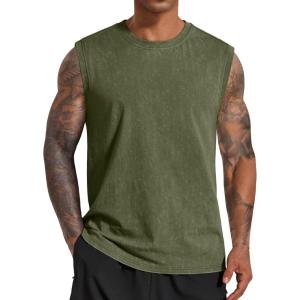COOFANDY Men’s Sleeveless Shirts Cotton Workout Tank Tops Casual Muscle Washed T Shirt Summer Beach Tee Loose Fit(Army Green)