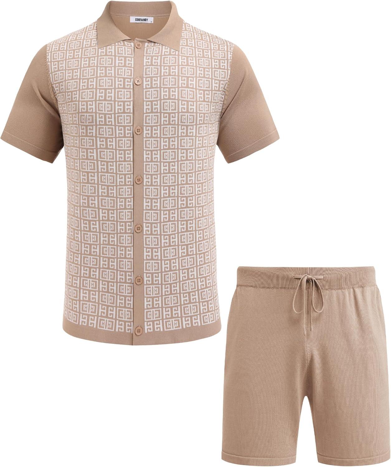 imageCOOFANDY Mens 2 Piece Outfit Vintage Short Sleeve Button Down Knit Polo Shirts Casual Beach Shorts SetsKhaki White