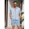 COOFANDY Men’s 2 Piece Outfit Vintage Short Sleeve Button Down Knit Polo Shirts Casual Beach Shorts Sets(Blue & White)