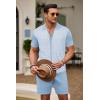COOFANDY Men’s 2 Piece Outfit Vintage Short Sleeve Button Down Knit Polo Shirts Casual Beach Shorts Sets(Blue & White)