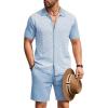 COOFANDY Men’s 2 Piece Outfit Vintage Short Sleeve Button Down Knit Polo Shirts Casual Beach Shorts Sets(Blue & White)