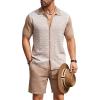 COOFANDY Men’s 2 Piece Outfit Vintage Short Sleeve Button Down Knit Polo Shirts Casual Beach Shorts Sets(Khaki & White)