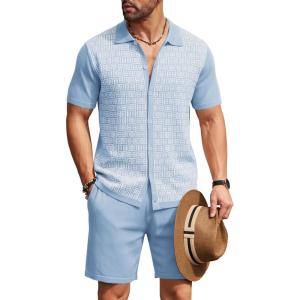 COOFANDY Men’s 2 Piece Outfit Vintage Short Sleeve Button Down Knit Polo Shirts Casual Beach Shorts Sets(Blue & White)