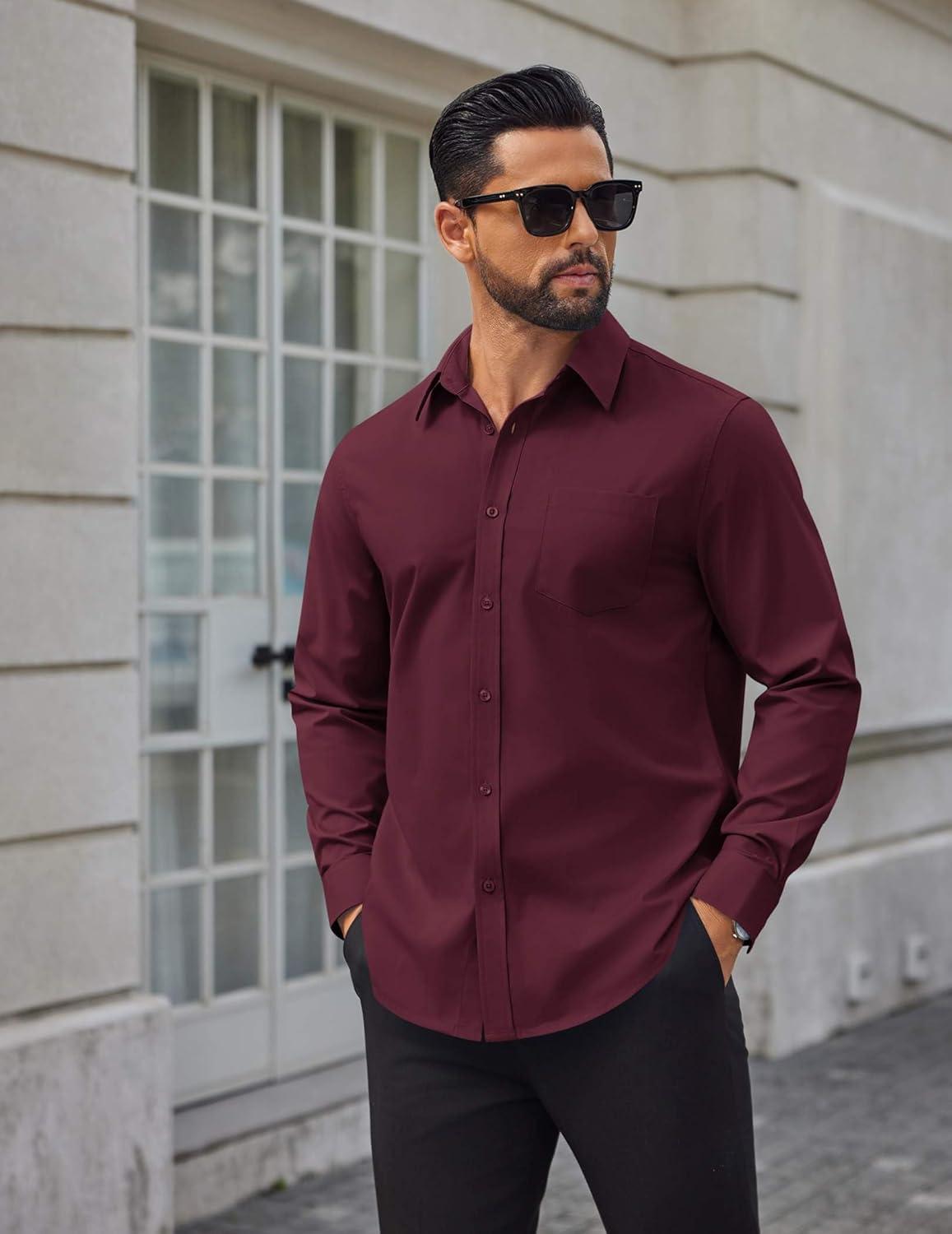 imageCOOFANDY Mens Dress Shirts Long Sleeve Poplin Formal Shirt Casual Button Down ShirtsDeep Red