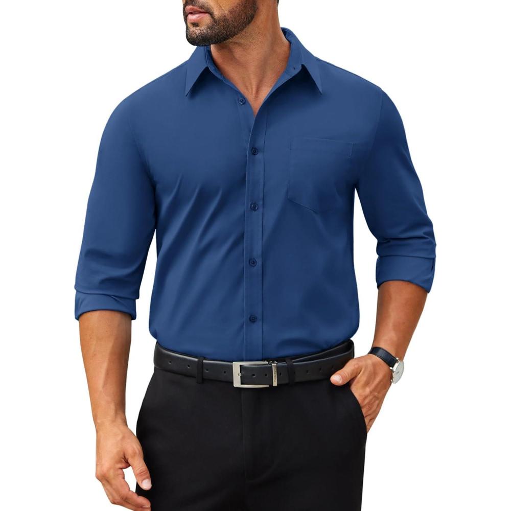 imageCOOFANDY Mens Dress Shirts Long Sleeve Poplin Formal Shirt Casual Button Down ShirtsNavy