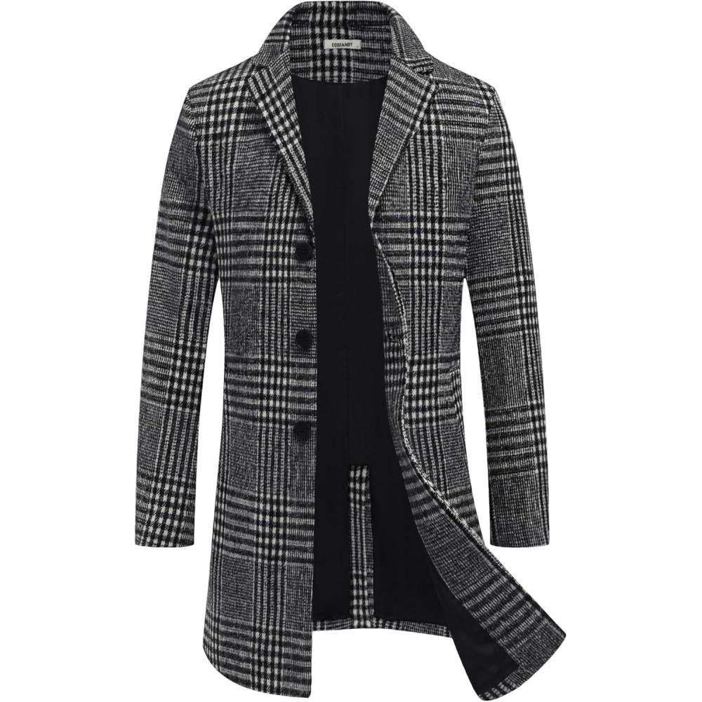 imageCOOFANDY Mens Wool Blend Coat Winter Trench Coats Notched Lapel Collar Single Breasted Overcoat Classic Peacoat With Pockets1black Plaid