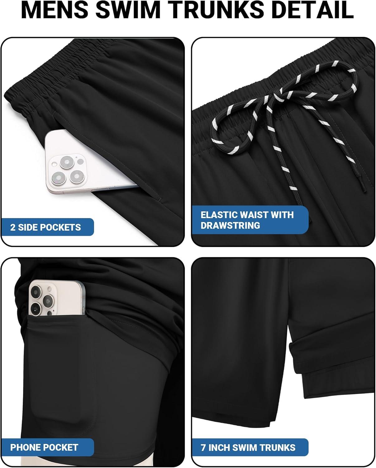 imageCOOFANDY 2 in 1 Mens Swim Trunks 7 Inch Quick Dry Board Shorts Beach Swim Shorts Bathing Suit with Compression LinerBlack