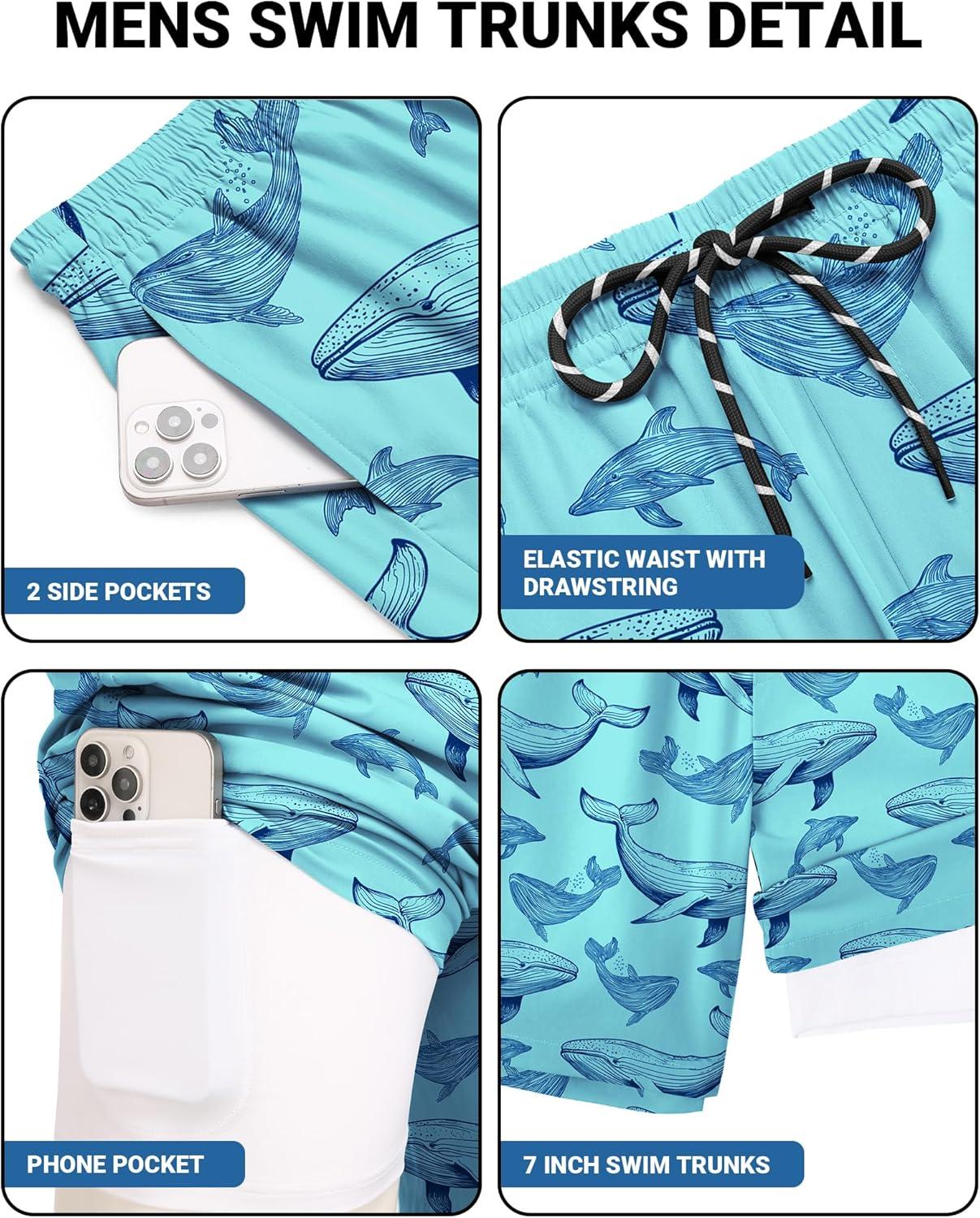 imageCOOFANDY 2 in 1 Mens Swim Trunks 7 Inch Quick Dry Board Shorts Beach Swim Shorts Bathing Suit with Compression LinerBlue Whale