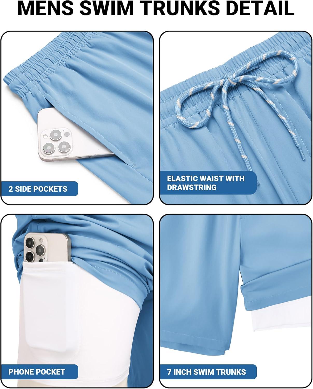 imageCOOFANDY 2 in 1 Mens Swim Trunks 7 Inch Quick Dry Board Shorts Beach Swim Shorts Bathing Suit with Compression LinerLight Blue