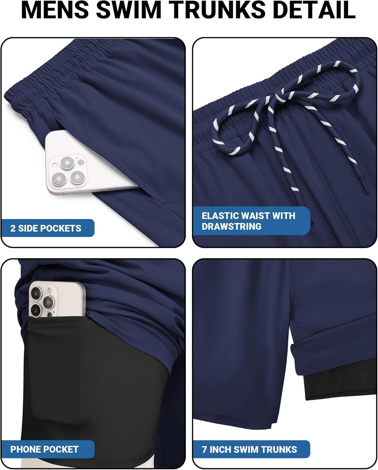 imageCOOFANDY 2 in 1 Mens Swim Trunks 7 Inch Quick Dry Board Shorts Beach Swim Shorts Bathing Suit with Compression LinerNavy Bule