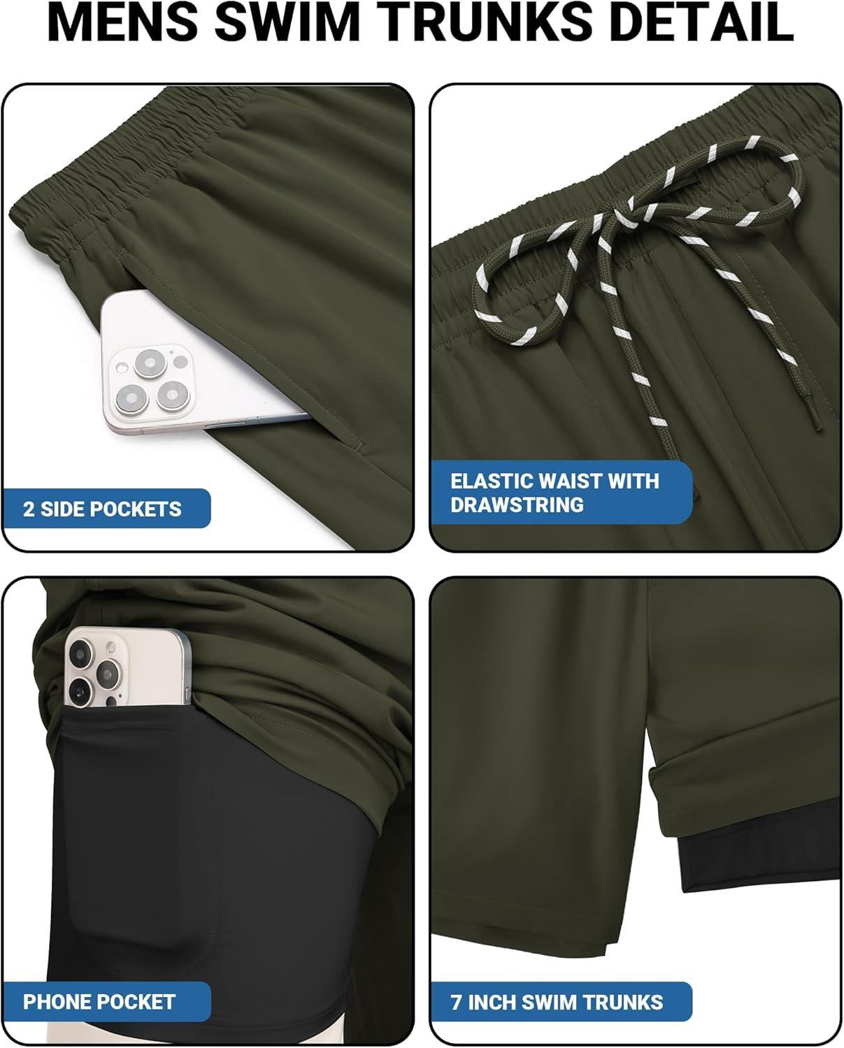 imageCOOFANDY 2 in 1 Mens Swim Trunks 7 Inch Quick Dry Board Shorts Beach Swim Shorts Bathing Suit with Compression LinerOlive Green