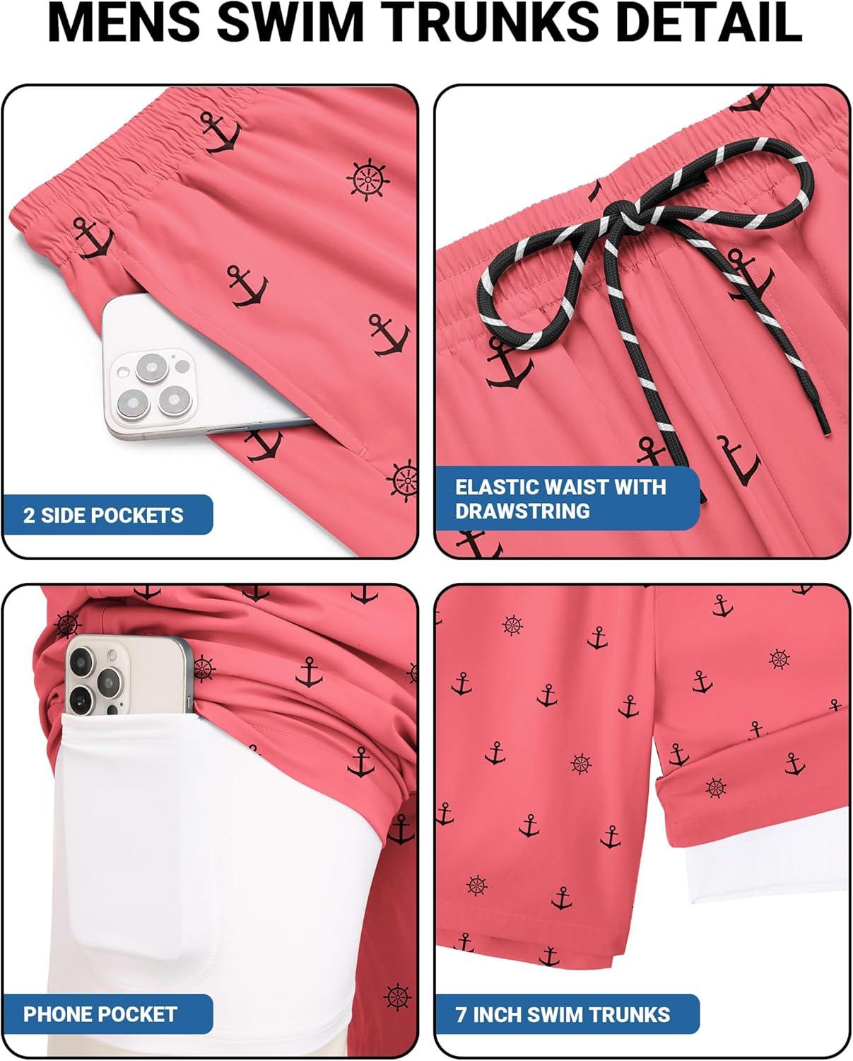 imageCOOFANDY 2 in 1 Mens Swim Trunks 7 Inch Quick Dry Board Shorts Beach Swim Shorts Bathing Suit with Compression LinerPink Anchor