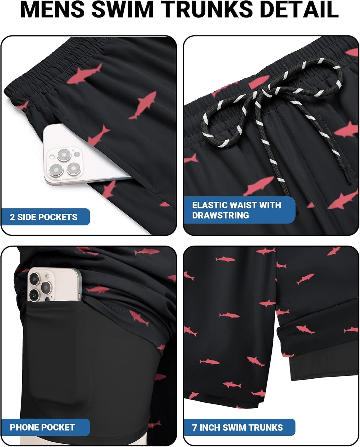 imageCOOFANDY 2 in 1 Mens Swim Trunks 7 Inch Quick Dry Board Shorts Beach Swim Shorts Bathing Suit with Compression LinerPinkshark Black