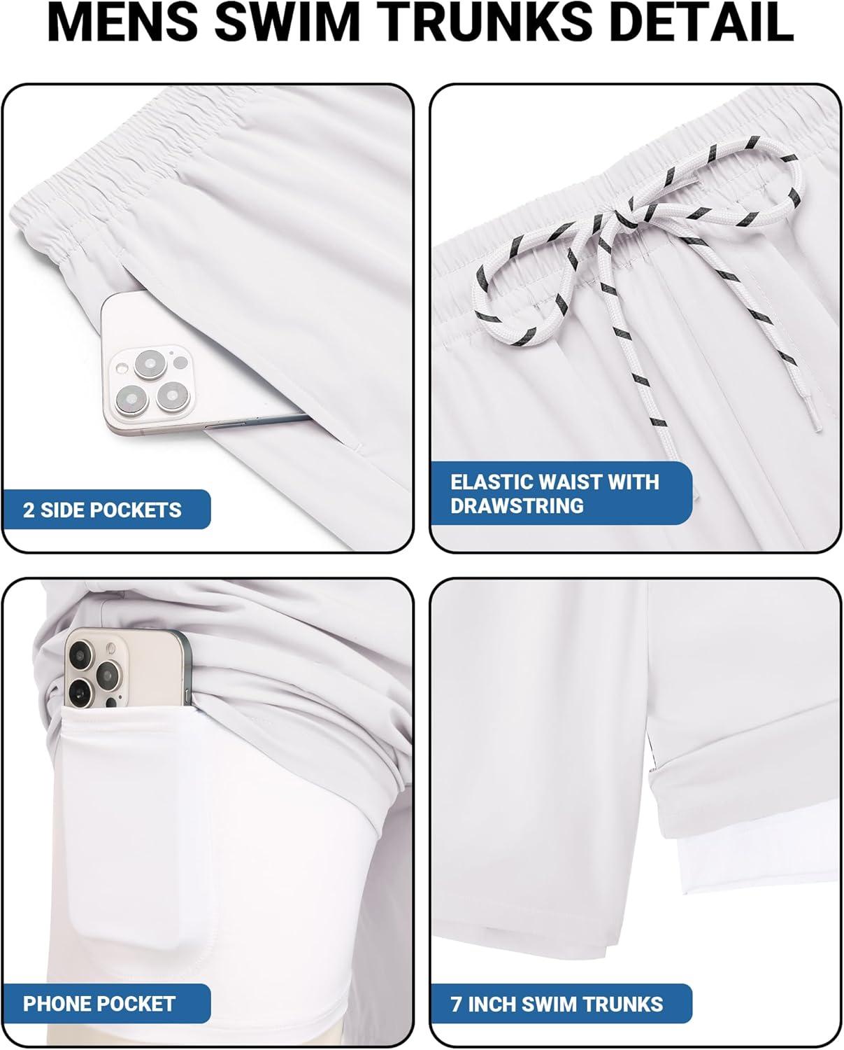 imageCOOFANDY 2 in 1 Mens Swim Trunks 7 Inch Quick Dry Board Shorts Beach Swim Shorts Bathing Suit with Compression LinerWhite