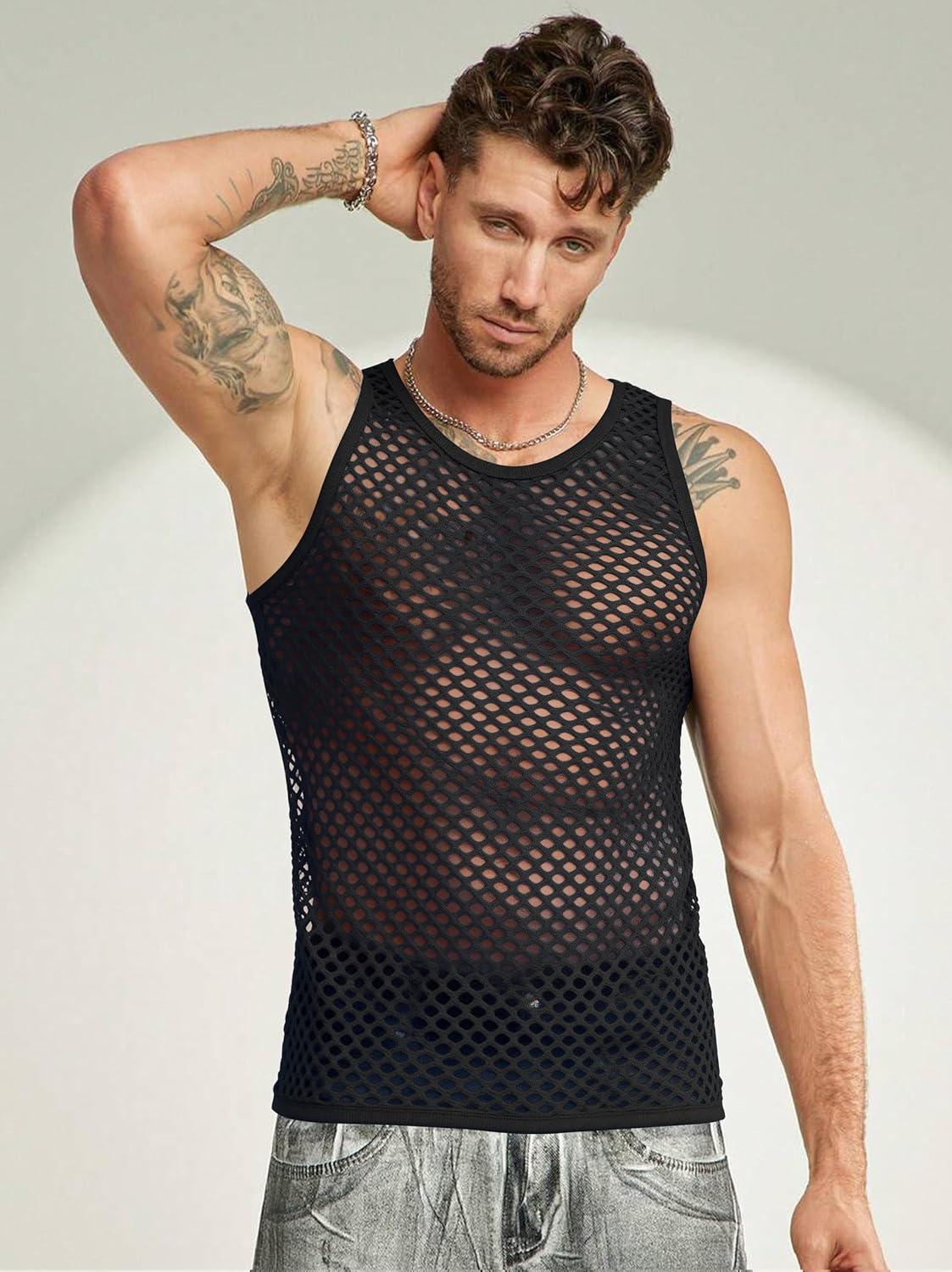 imageCOOFANDY Men Casual Tank Tops Mesh Shirt See Through Sleeveless Shirts Muscle Fishnet Fitted Tee Clubwear SummerBlack