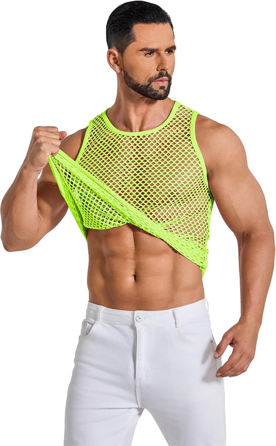 imageCOOFANDY Men Casual Tank Tops Mesh Shirt See Through Sleeveless Shirts Muscle Fishnet Fitted Tee Clubwear SummerLime Green