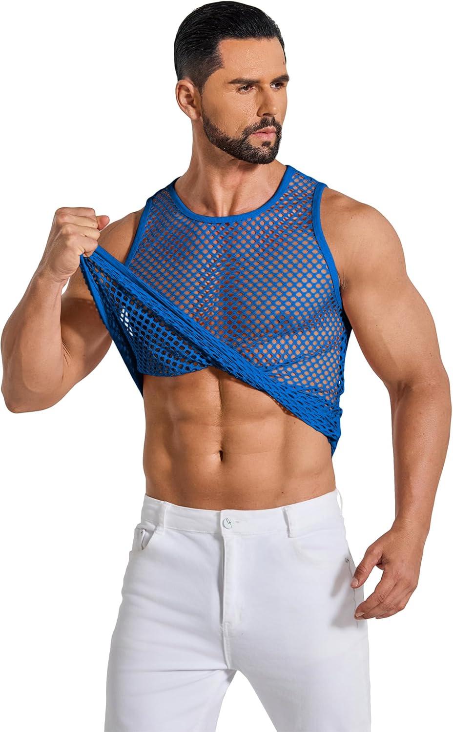 imageCOOFANDY Men Casual Tank Tops Mesh Shirt See Through Sleeveless Shirts Muscle Fishnet Fitted Tee Clubwear SummerRoyal Blue