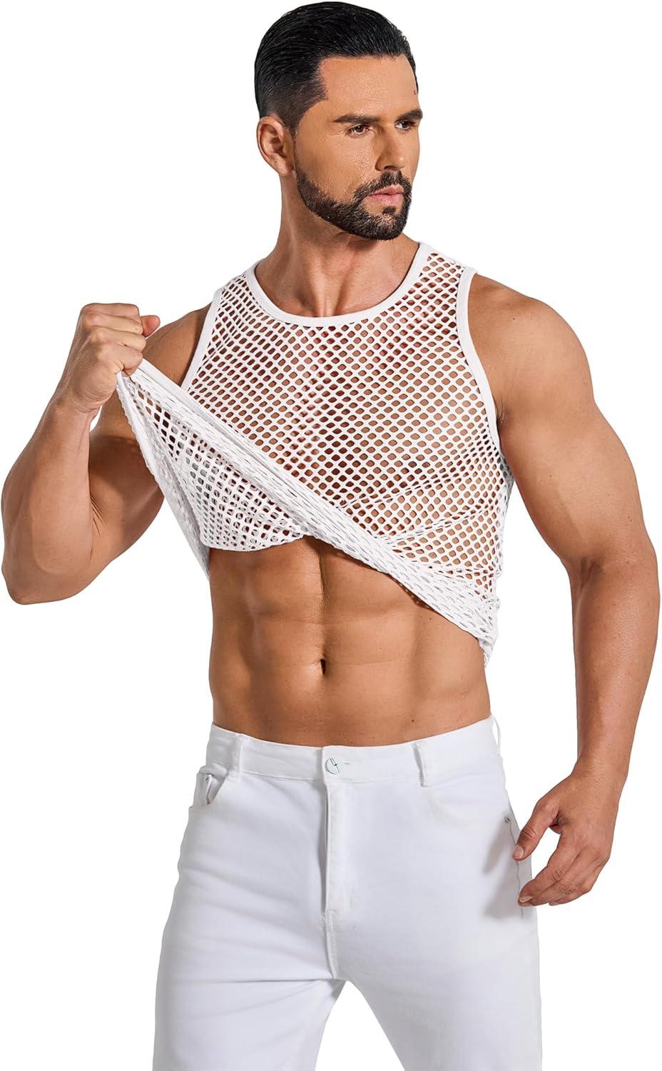 imageCOOFANDY Men Casual Tank Tops Mesh Shirt See Through Sleeveless Shirts Muscle Fishnet Fitted Tee Clubwear SummerWhite