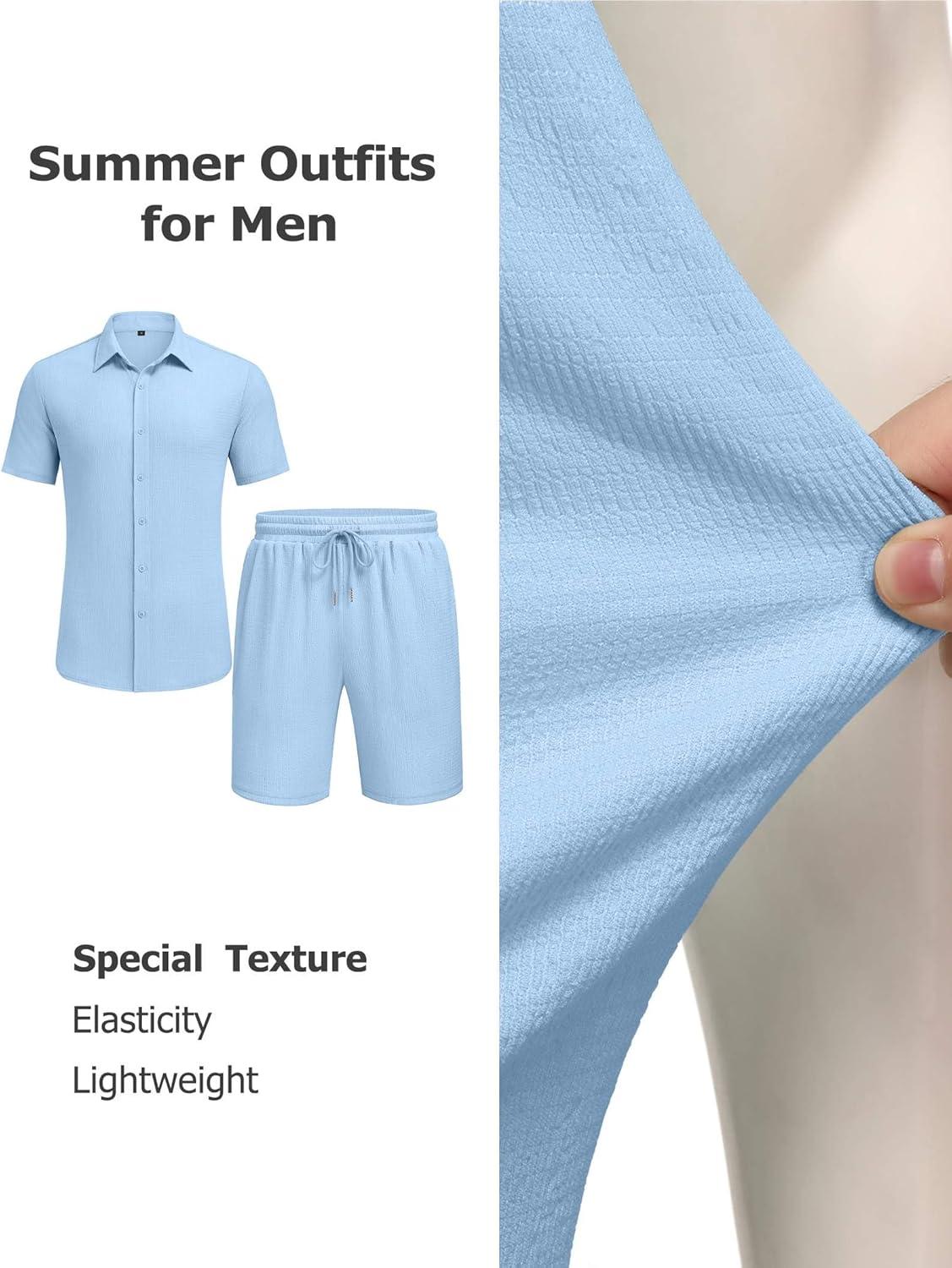 imageCOOFANDY Mens 2 Piece Outfit Casual Short Sleeve Button Down Shirt and Beach Shorts Set Summer Vacation Outfits for MenBlue