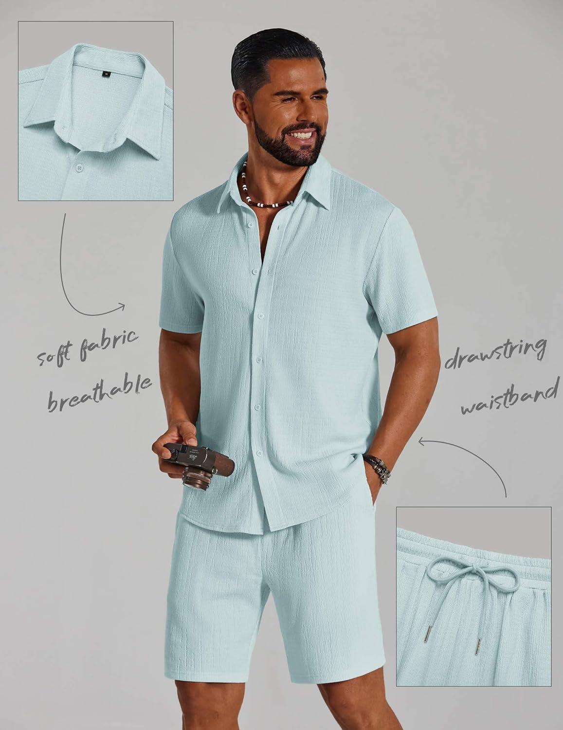 imageCOOFANDY Mens 2 Piece Outfit Casual Short Sleeve Button Down Shirt and Beach Shorts Set Summer Vacation Outfits for MenLight Khaki
