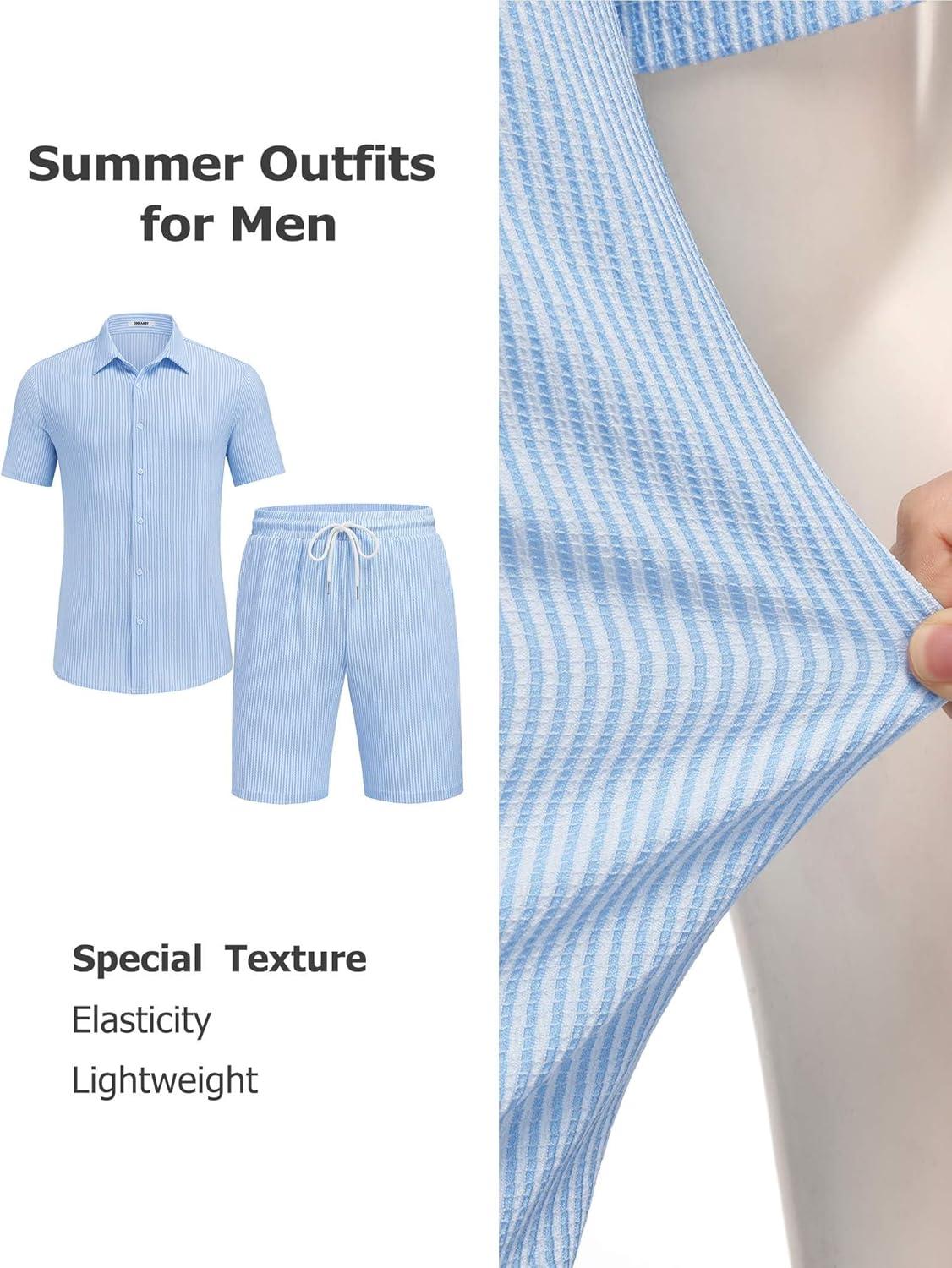 imageCOOFANDY Mens 2 Piece Outfit Casual Short Sleeve Button Down Shirt and Beach Shorts Set Summer Vacation Outfits for MenWhite Blue Stripe