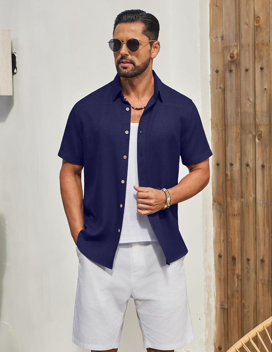 imageCOOFANDY Mens Button Down Shirt Short Sleeve Casual Shirts Linen Textured Summer Beach ShirtsNavy Blue