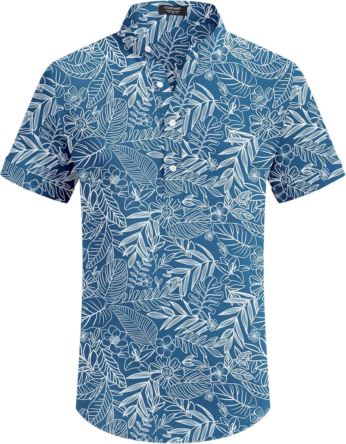 imageCOOFANDY Mens Casual Henley Shirt Band Collar Short Sleeve Shirt Summer Beach Hippie TShirtBlue Palm Leaf