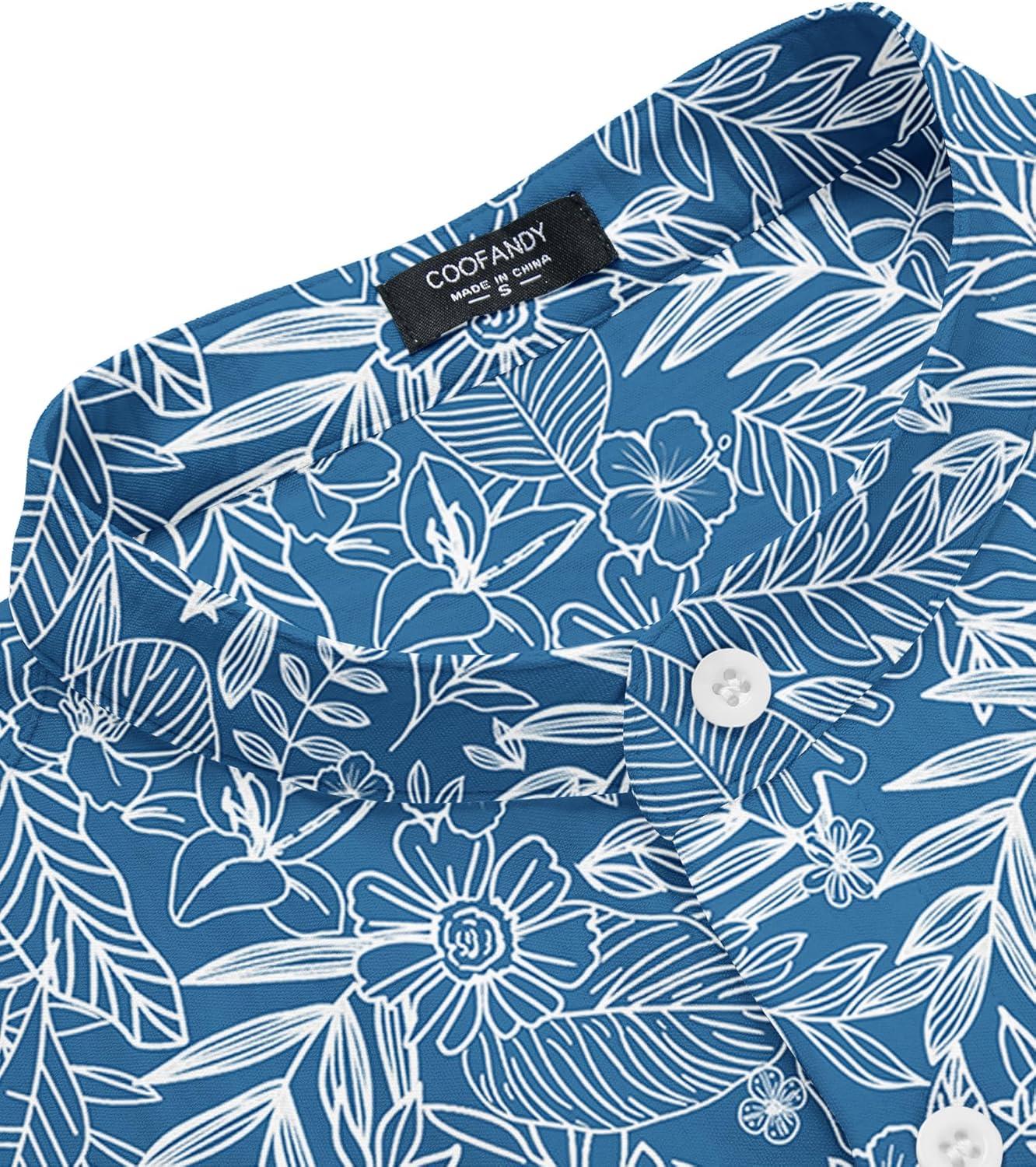 imageCOOFANDY Mens Casual Henley Shirt Band Collar Short Sleeve Shirt Summer Beach Hippie TShirtBlue Palm Leaf