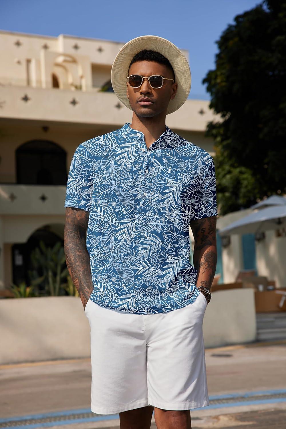 imageCOOFANDY Mens Casual Henley Shirt Band Collar Short Sleeve Shirt Summer Beach Hippie TShirtBlue Palm Leaf