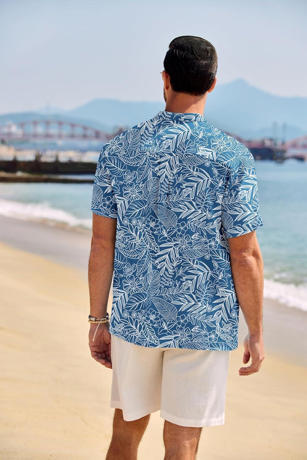 imageCOOFANDY Mens Casual Henley Shirt Band Collar Short Sleeve Shirt Summer Beach Hippie TShirtBlue Palm Leaf