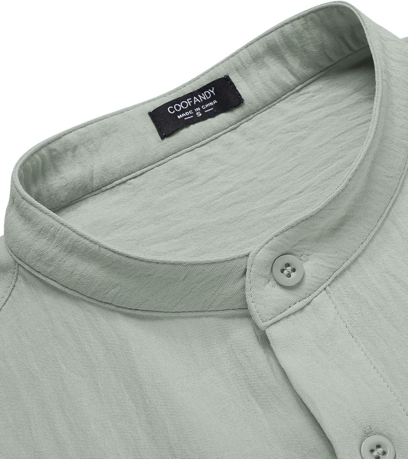 imageCOOFANDY Mens Casual Henley Shirt Band Collar Short Sleeve Shirt Summer Beach Hippie TShirtLight Green Henley