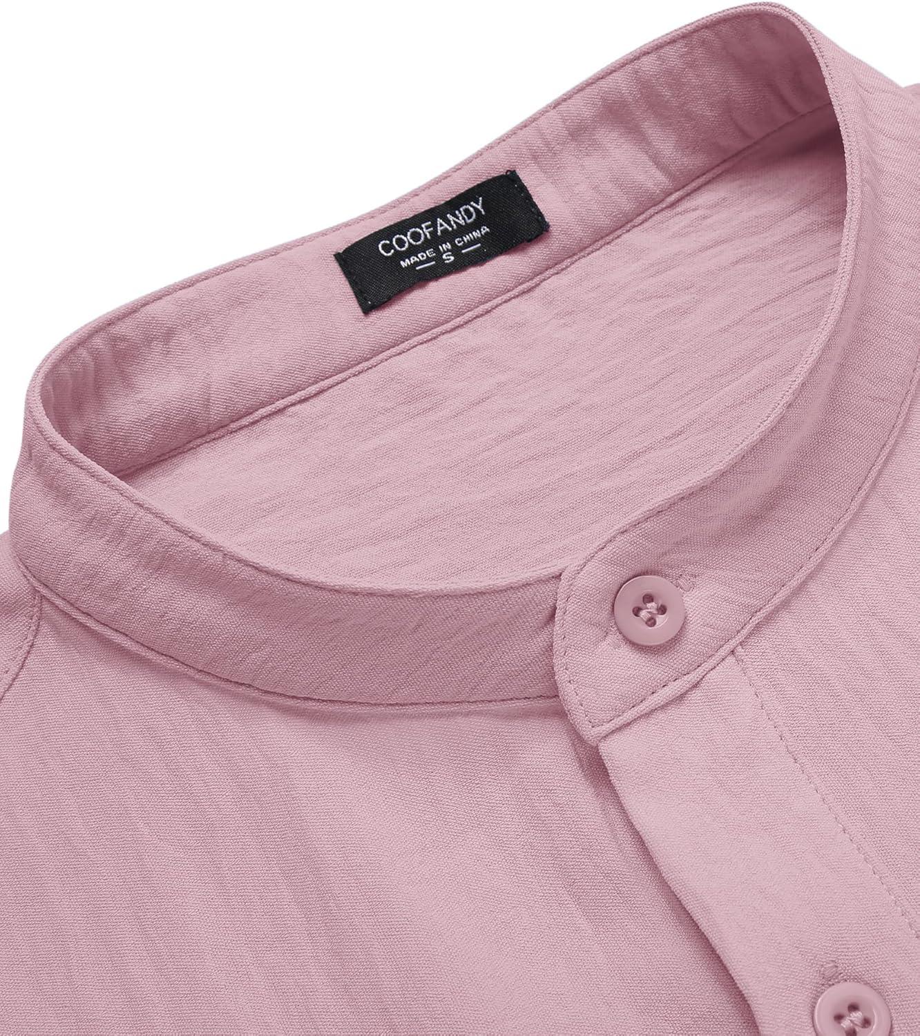 imageCOOFANDY Mens Casual Henley Shirt Band Collar Short Sleeve Shirt Summer Beach Hippie TShirtLight Pink