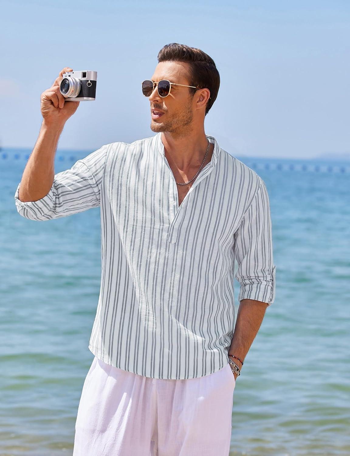 imageCOOFANDY Mens Cotton Linen Henley TShirt Long Sleeve Hippie Casual Beach TShirtsBlue Pinstripe