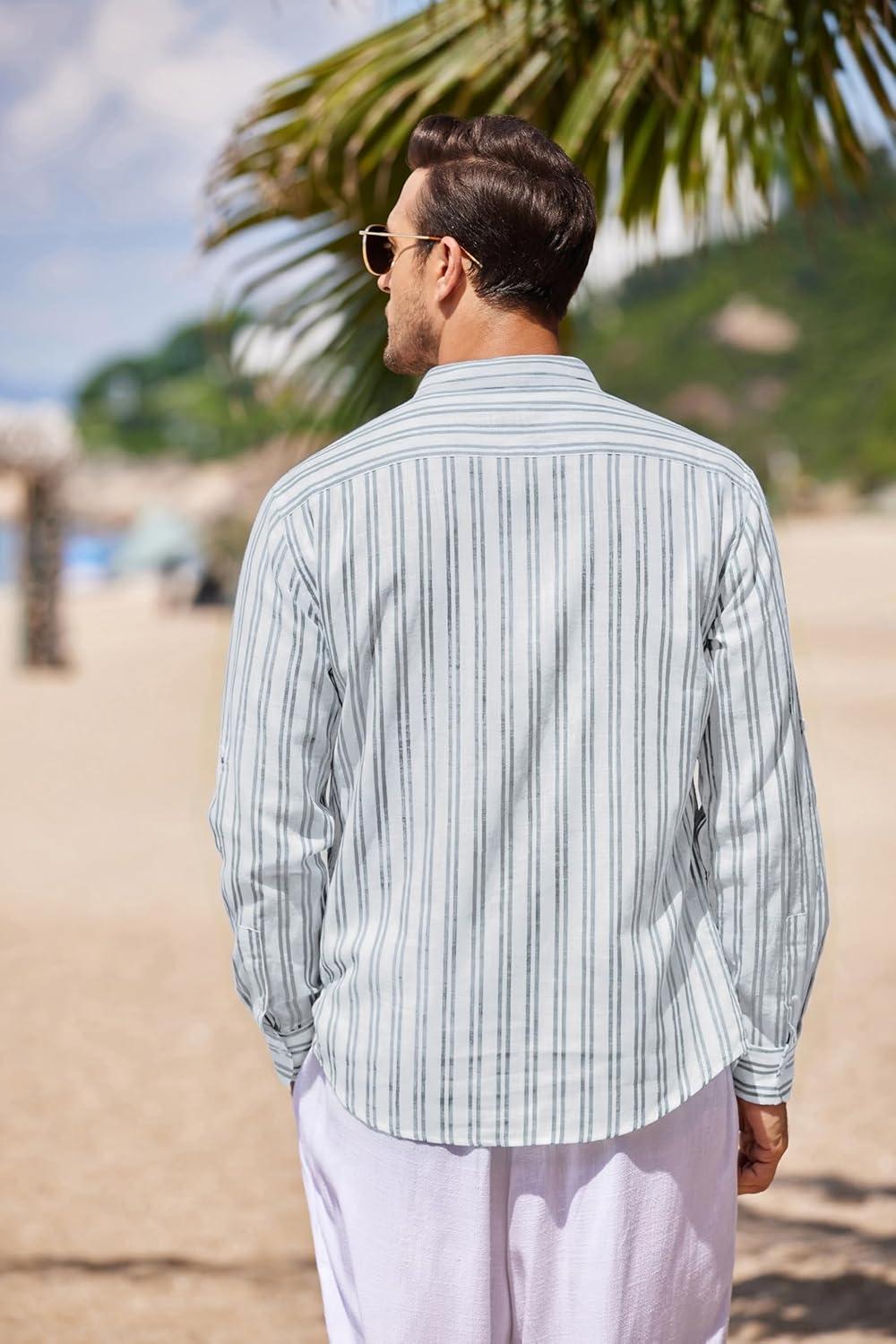 imageCOOFANDY Mens Cotton Linen Henley TShirt Long Sleeve Hippie Casual Beach TShirtsBlue Pinstripe