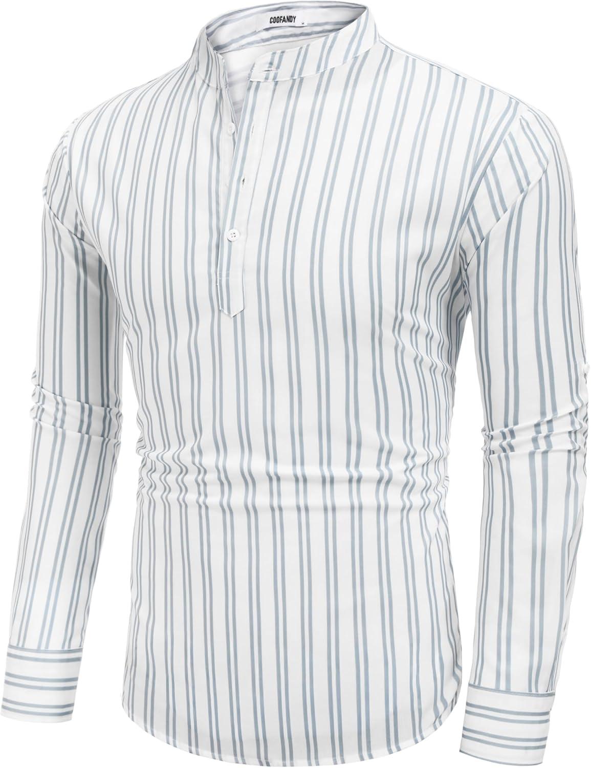 imageCOOFANDY Mens Cotton Linen Henley TShirt Long Sleeve Hippie Casual Beach TShirtsBlue Pinstripe