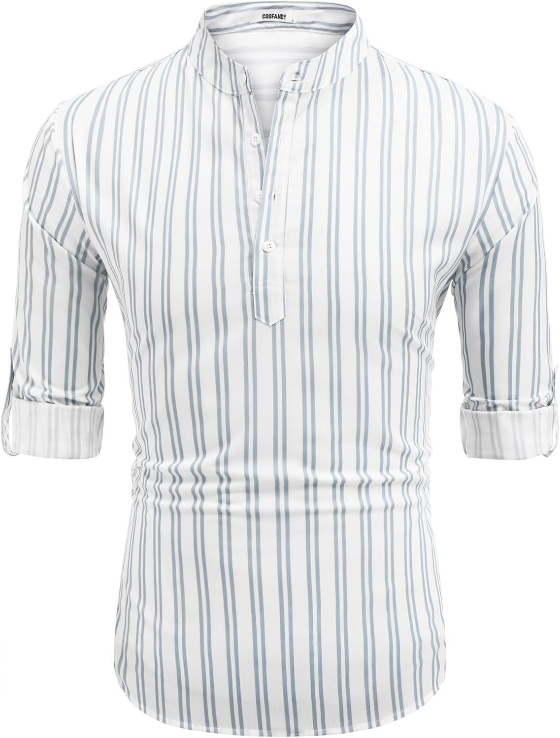 imageCOOFANDY Mens Cotton Linen Henley TShirt Long Sleeve Hippie Casual Beach TShirtsBlue Pinstripe