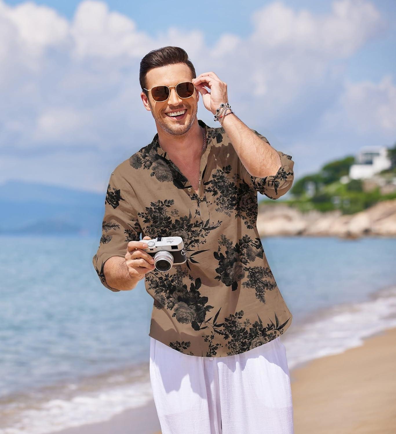 imageCOOFANDY Mens Cotton Linen Henley TShirt Long Sleeve Hippie Casual Beach TShirtsDark Khaki Floral
