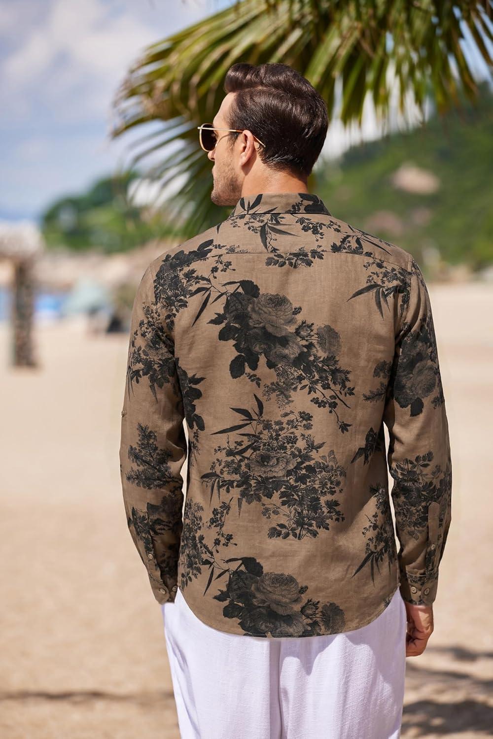 imageCOOFANDY Mens Cotton Linen Henley TShirt Long Sleeve Hippie Casual Beach TShirtsDark Khaki Floral