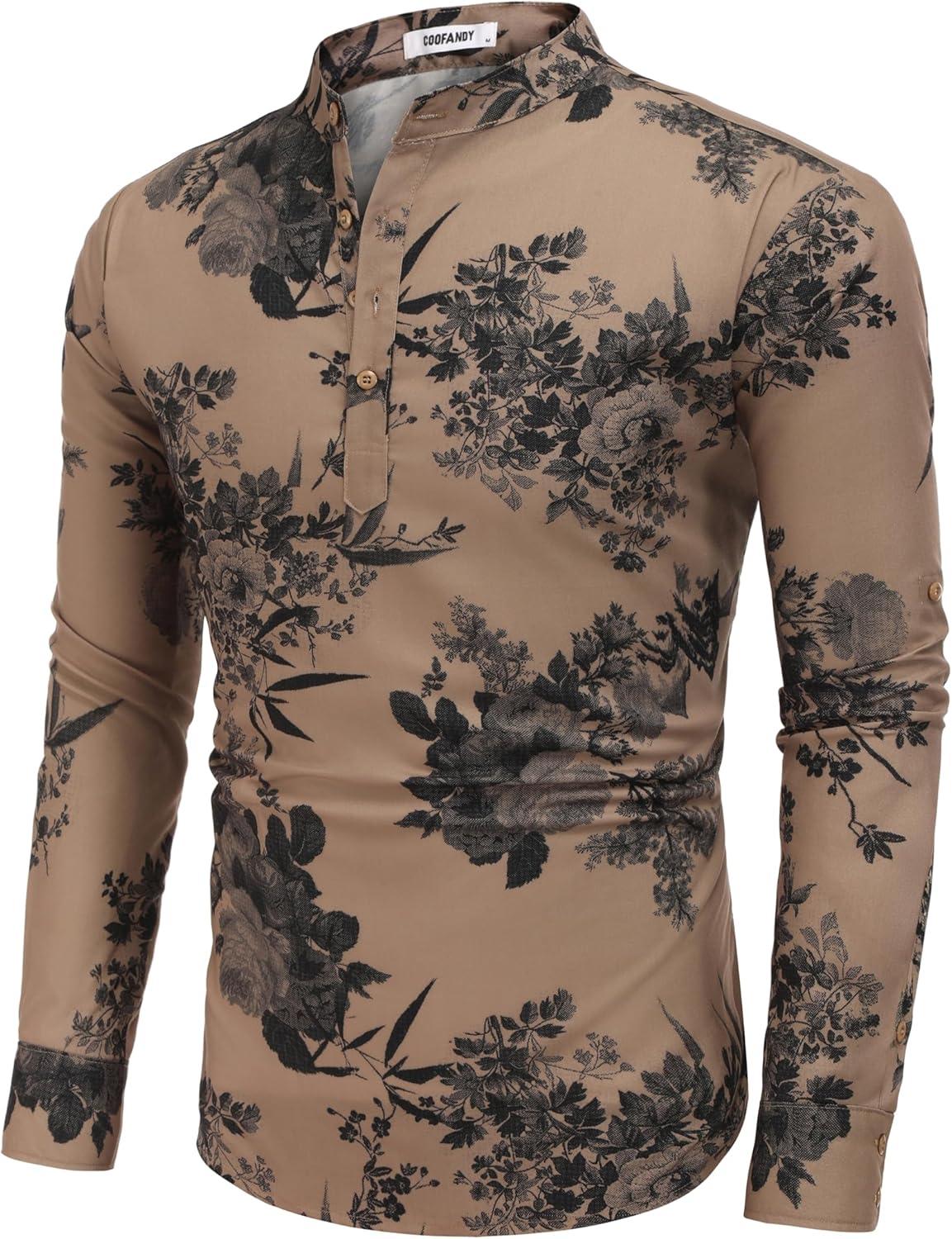 imageCOOFANDY Mens Cotton Linen Henley TShirt Long Sleeve Hippie Casual Beach TShirtsDark Khaki Floral