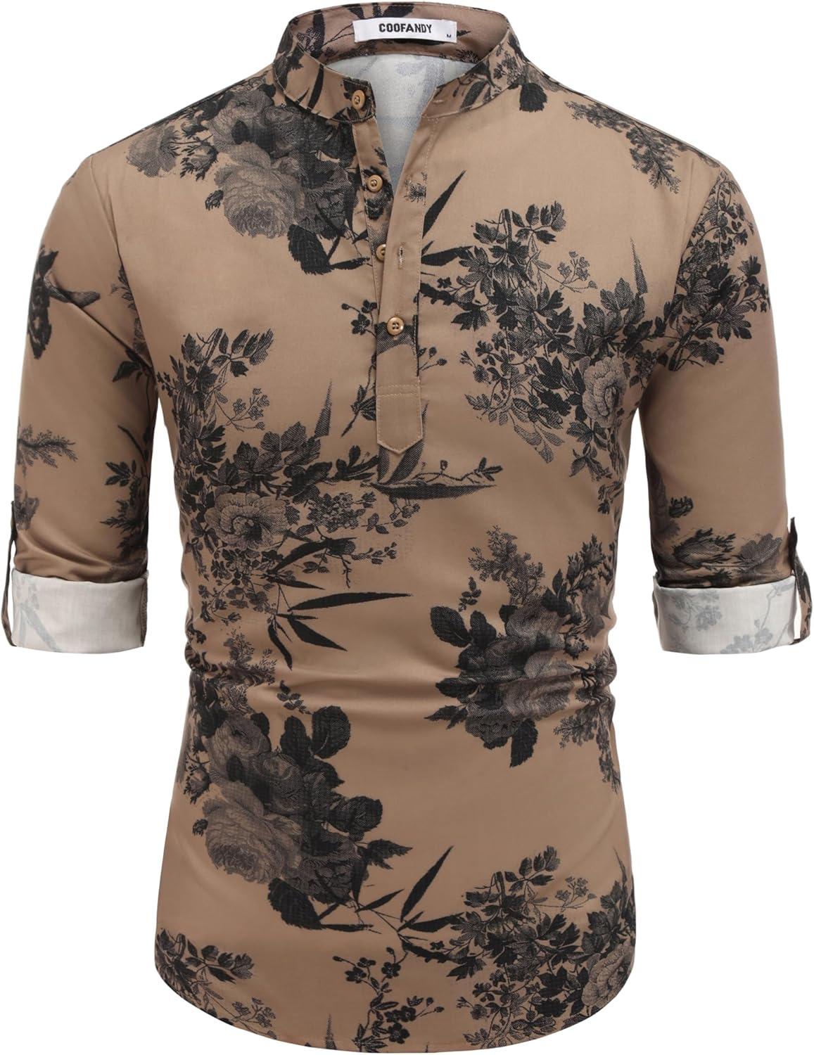 imageCOOFANDY Mens Cotton Linen Henley TShirt Long Sleeve Hippie Casual Beach TShirtsDark Khaki Floral